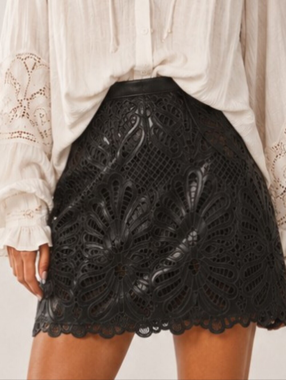 CHICME Black Faux Leather Cutout Boho Mini Skirt Medium NWOT